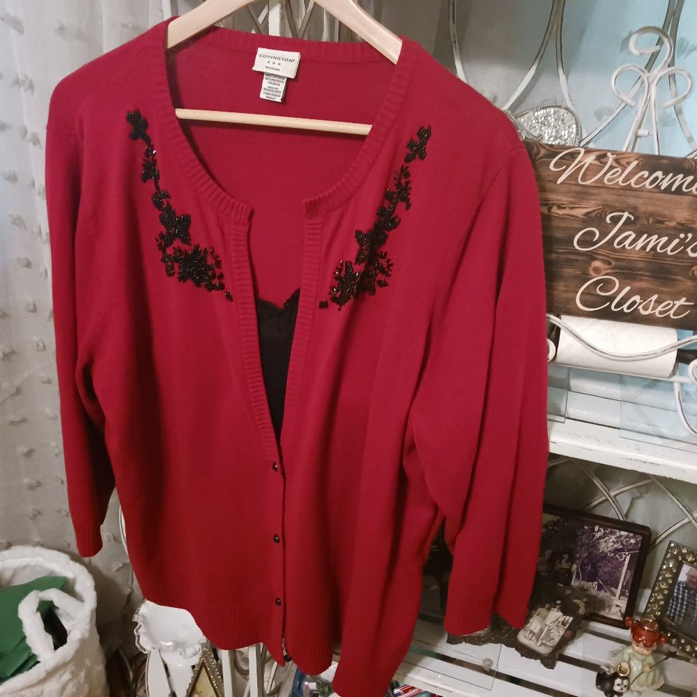 Red Cardigan Sweater with Black Beading Size 20/22